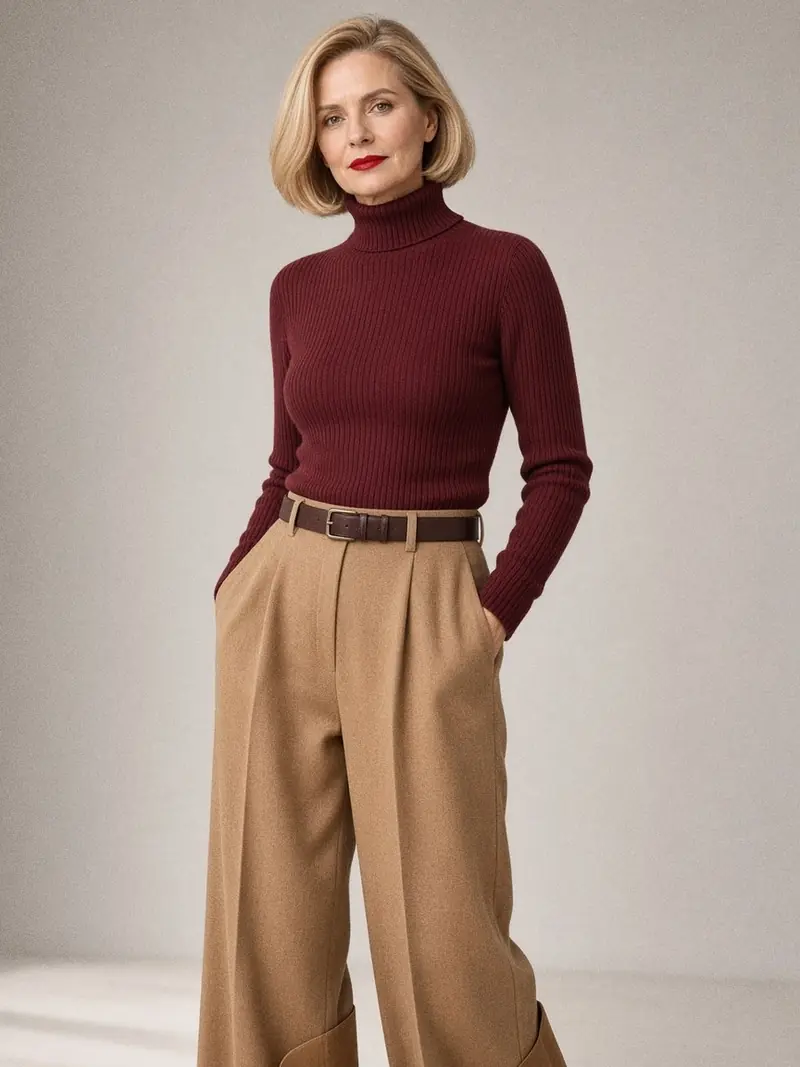 Illustration, mannequin fictif : Femme en col roulé en laine bordeaux à reflets brique et pantalon large camel, ceinture de cuir brun et bottines camel.
