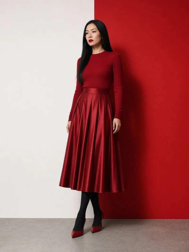 Illustration, mannequin fictif : Femme en pull fin grenat et jupe midi plissée en satin grenat, collants noirs opaques et escarpins grenat.