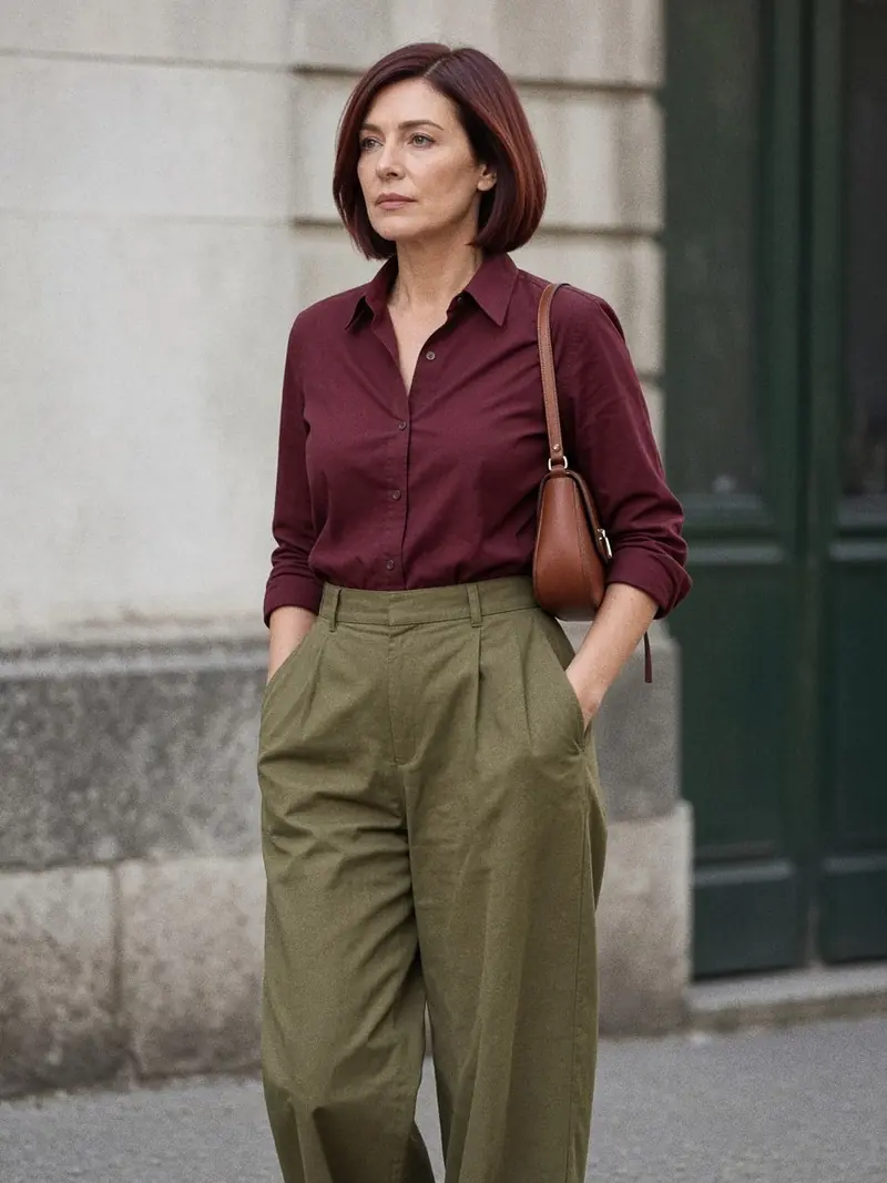 Illustration, mannequin fictif : Femme en chemise bordeaux en popeline rentrée dans un pantalon kaki à pinces, mocassins marron et petit sac cognac.