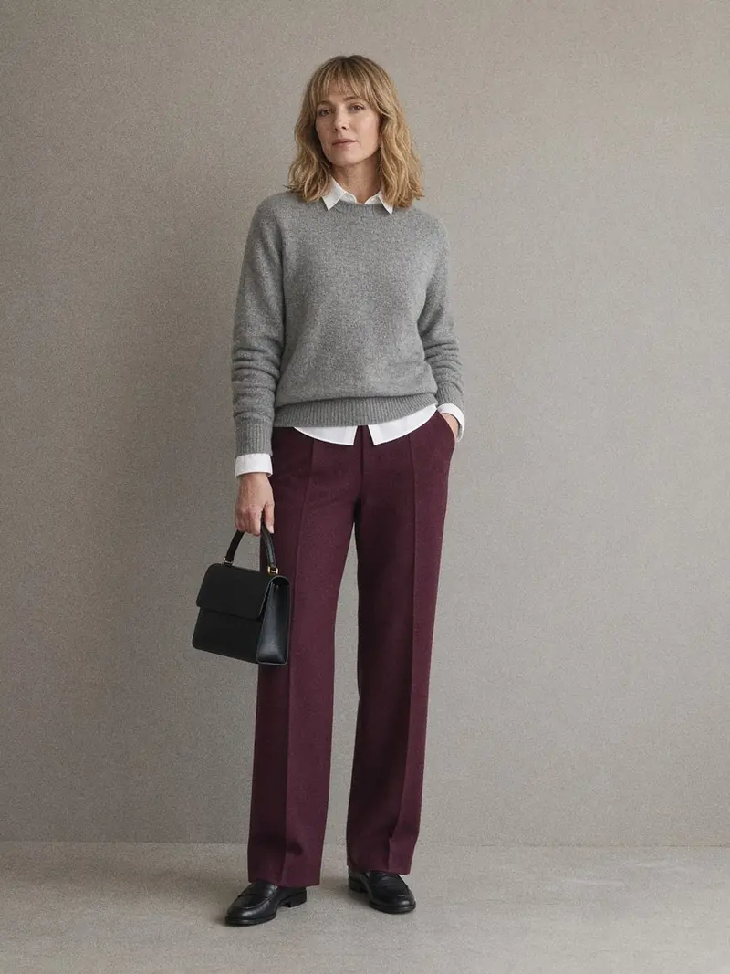 Illustration, mannequin fictif : Femme en pantalon droit bordeaux, pull gris souris sur chemise blanche dont le col dépasse, mocassins noirs et petit sac noir.