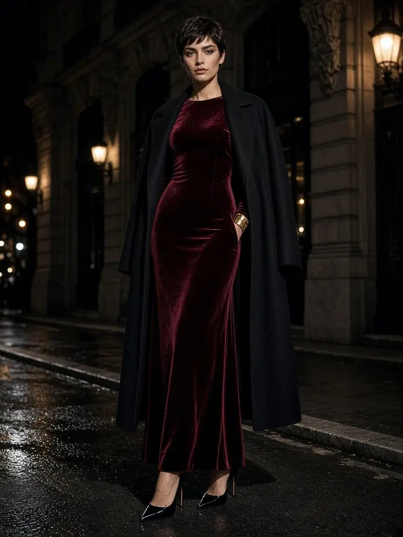 Illustration, mannequin fictif : Femme en longue robe en velours bordeaux, manteau de laine noire mate posé sur les épaules, escarpins noirs et bracelet doré.