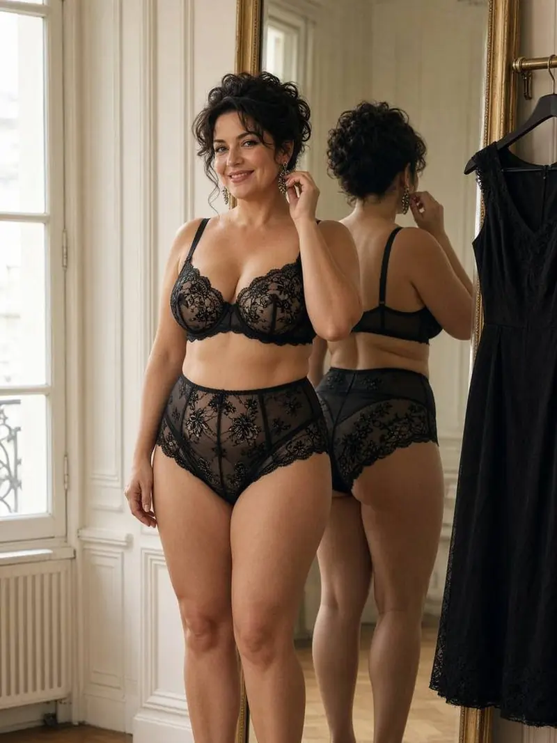 Illustration, mannequin fictif : Femme devant un miroir en balconnet et culotte haute en tulle brodé noir, une petite robe noire suspendue à côté