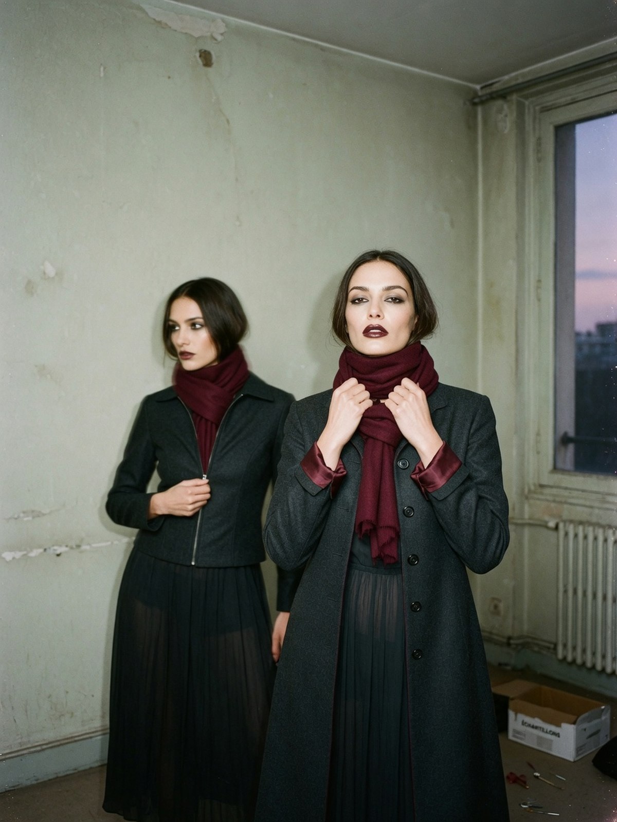 Comparaison de silhouette entre une veste longue doublée et un blazer court doublé, fermé haut, portés sur la même robe longue en tissu fin