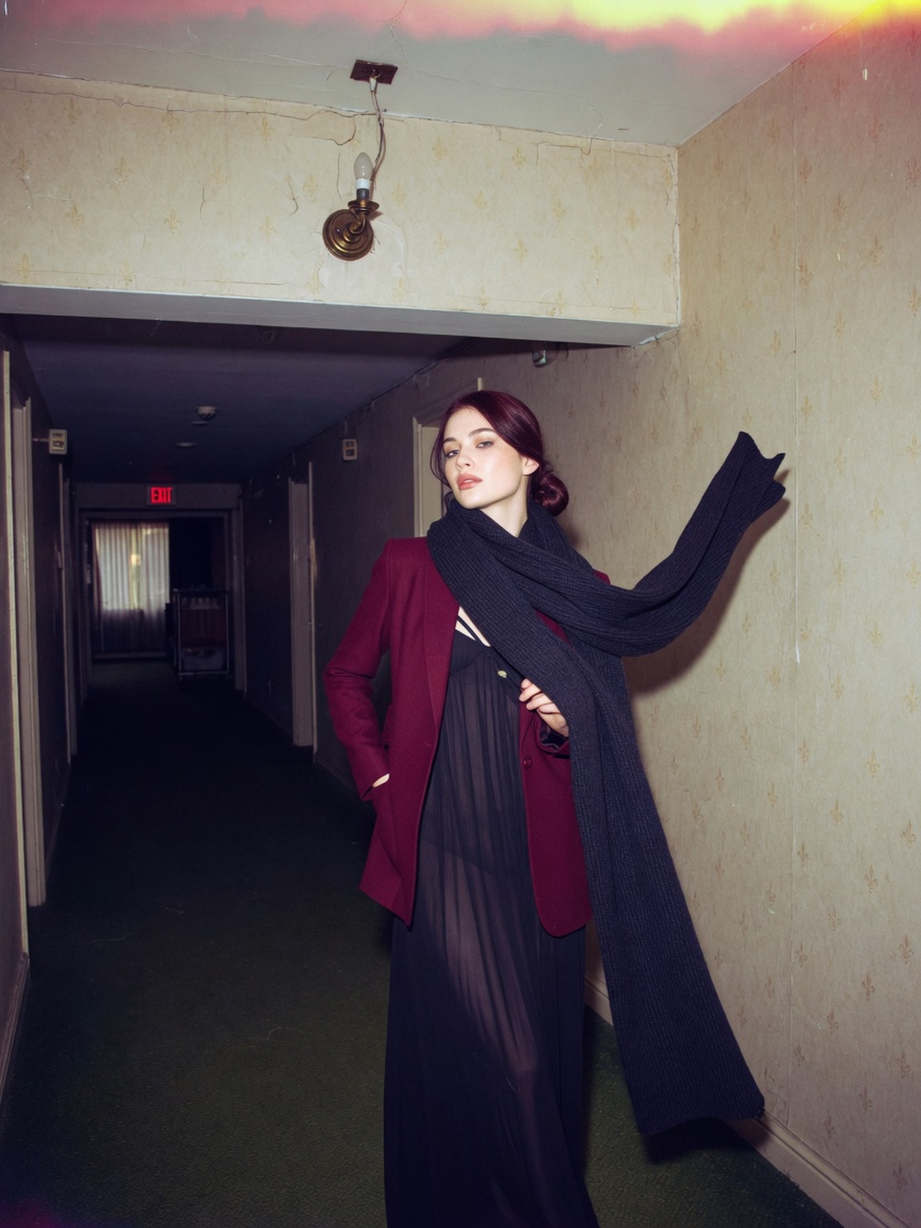 Mannequin en robe longue fine portant un blazer en laine doublé, dans une lumière de fin de journée