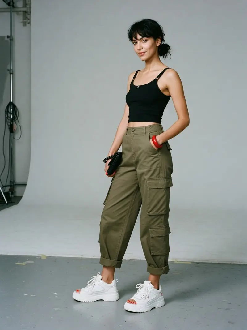Quelles chaussures avec un pantalon cargo femme : le vrai match couleur : look 1