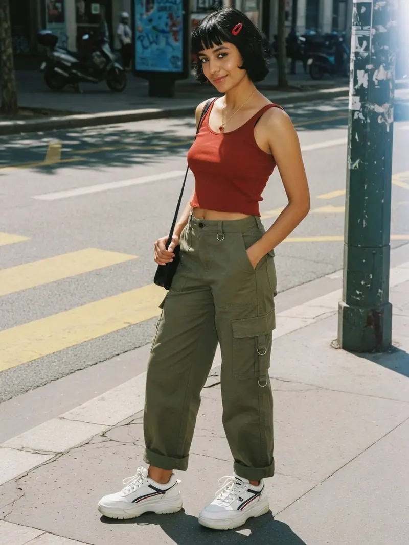 Quelles chaussures avec un pantalon cargo femme : le vrai match couleur : look 12