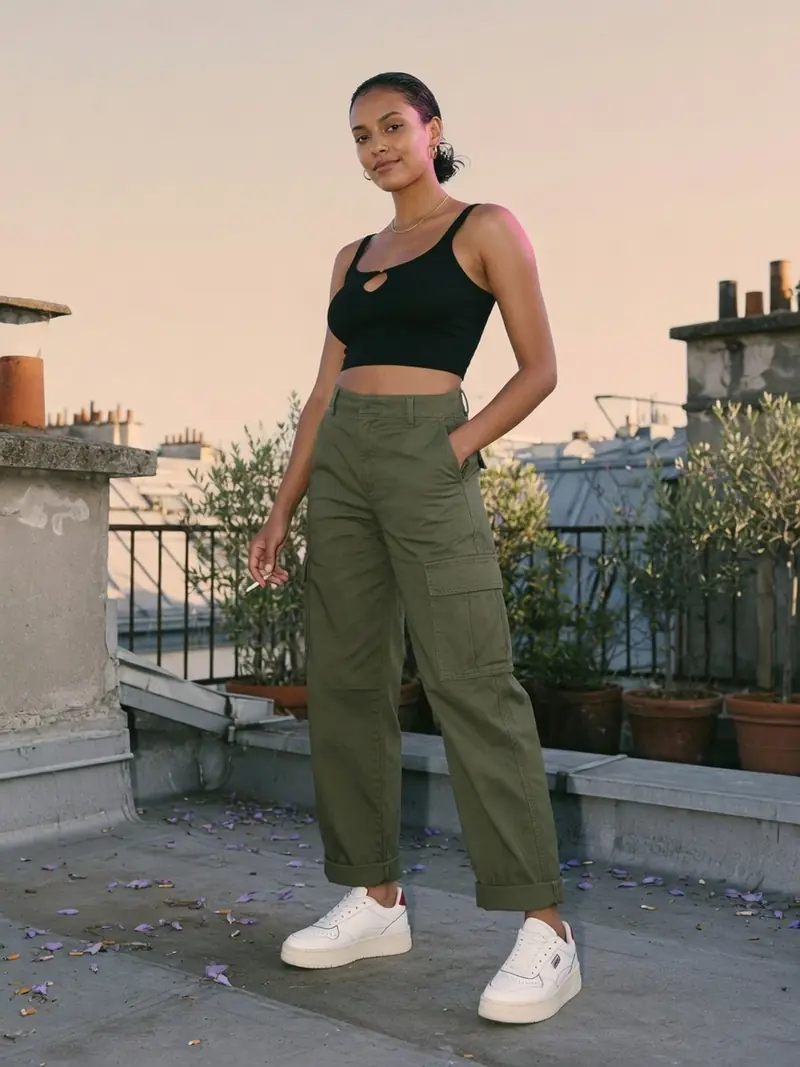 Quelles chaussures avec un pantalon cargo femme : le vrai match couleur : look 16