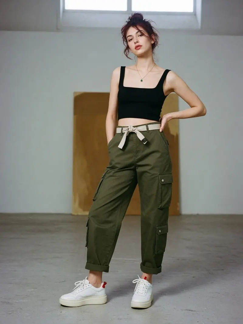 Quelles chaussures avec un pantalon cargo femme : le vrai match couleur : look 20