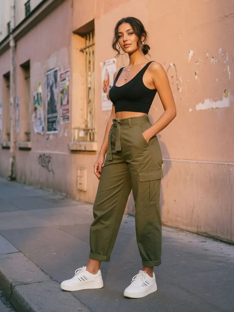 Quelles chaussures avec un pantalon cargo femme : le vrai match couleur : look 21