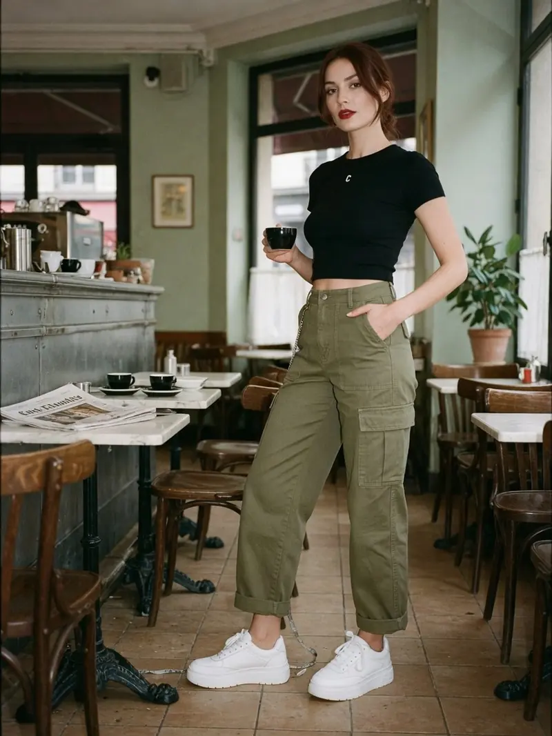 Quelles chaussures avec un pantalon cargo femme : le vrai match couleur : look 6