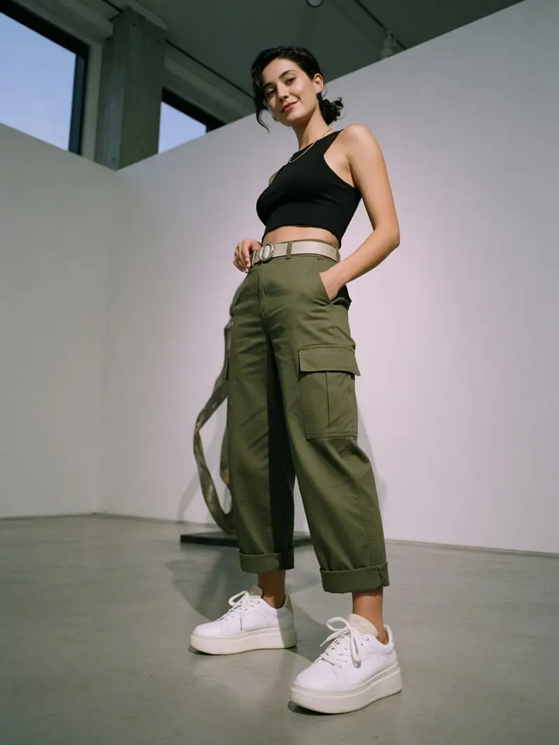 Quelles chaussures avec un pantalon cargo femme : le vrai match couleur : look 8