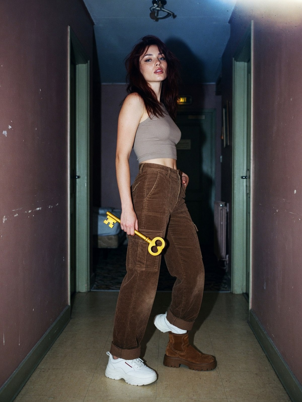 Silhouette wide-leg cargo brun avec bottines à semelle épaisse en daim brun assorti