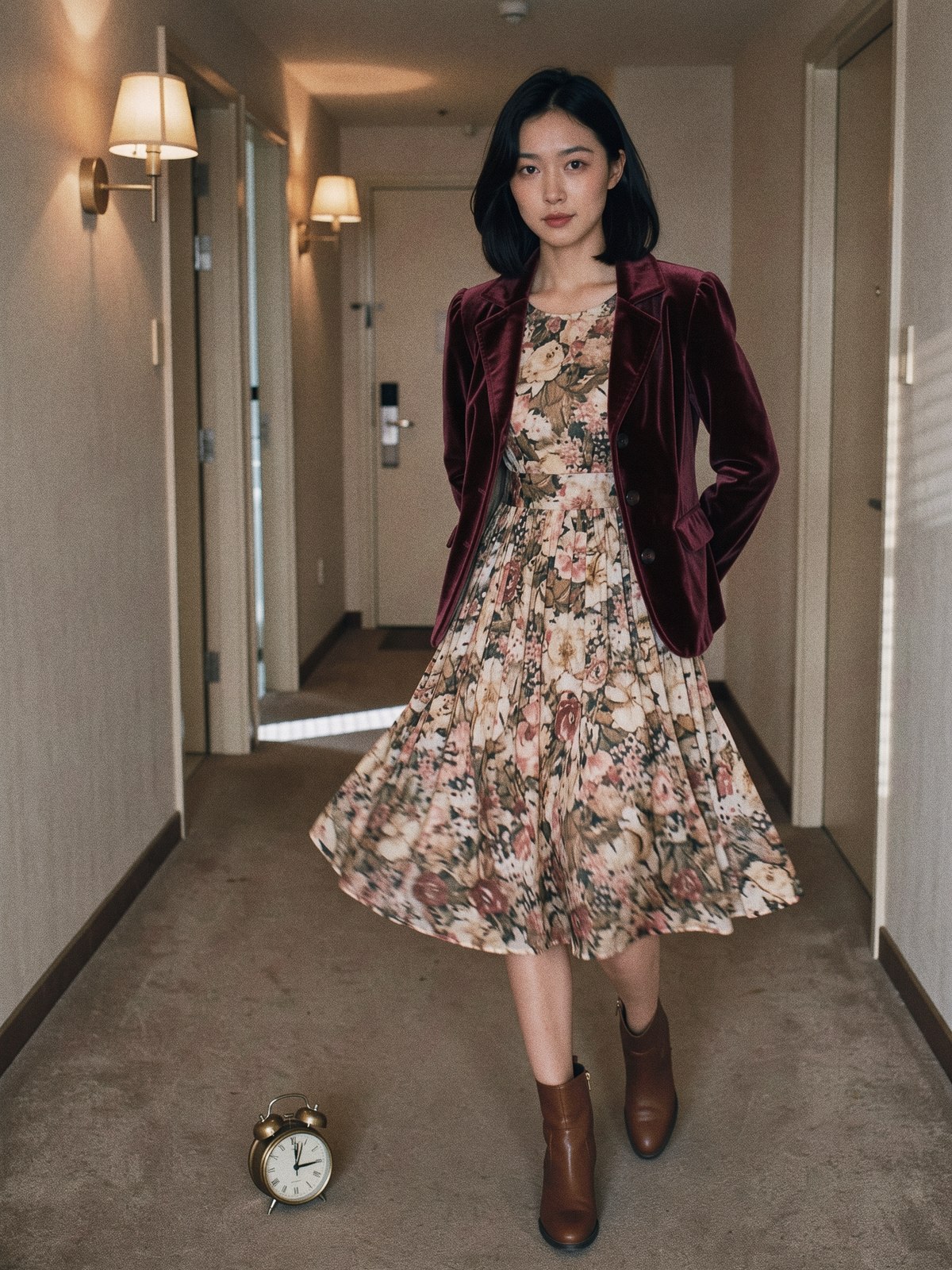 Mannequin portant la robe babydoll fleurie superposée avec une veste en velours et des bottines pour la saison automnale.