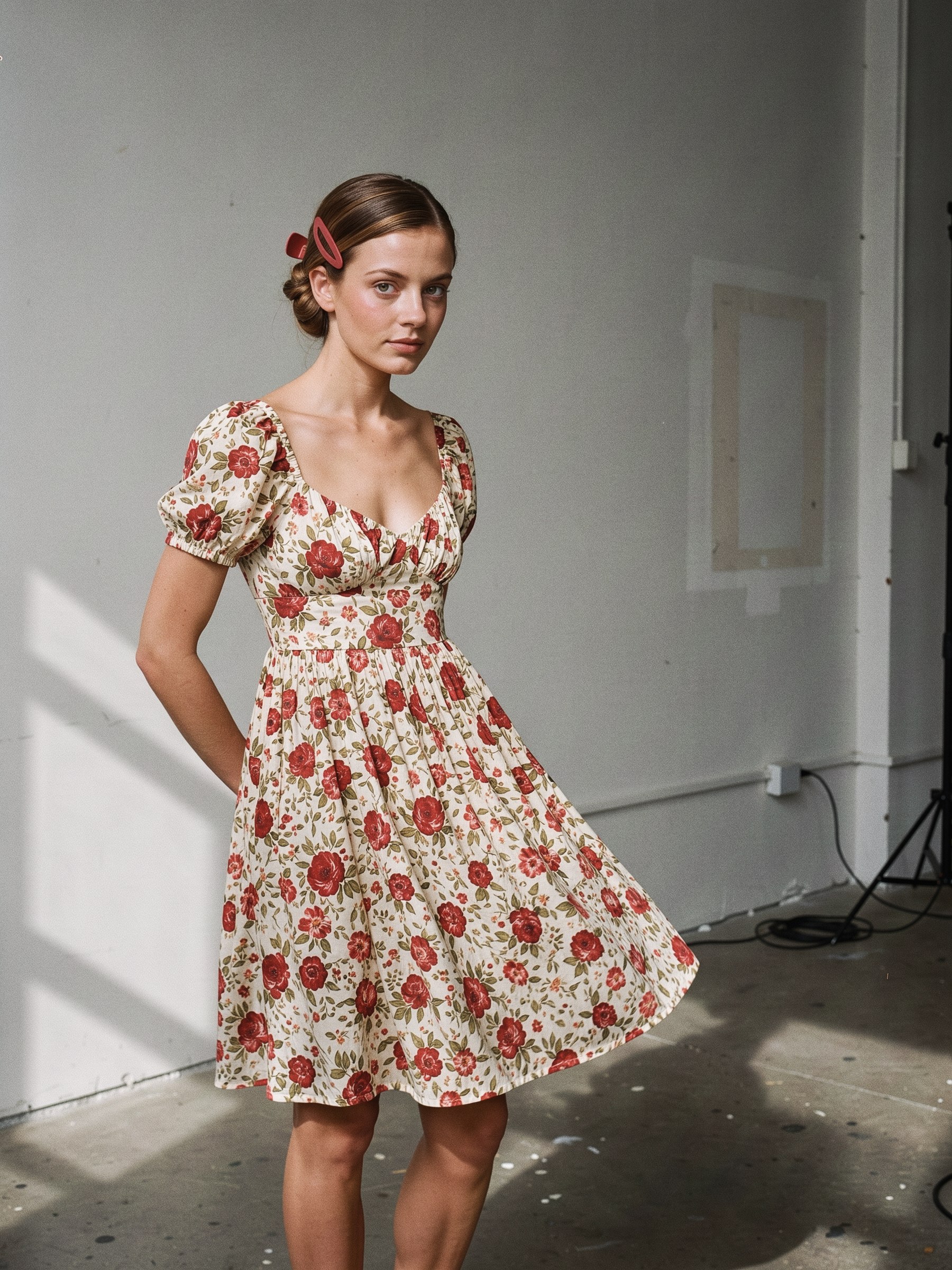 Mannequin portant une robe babydoll imprimée fleurie à taille empire, photographie de mode éditoriale au flash direct.