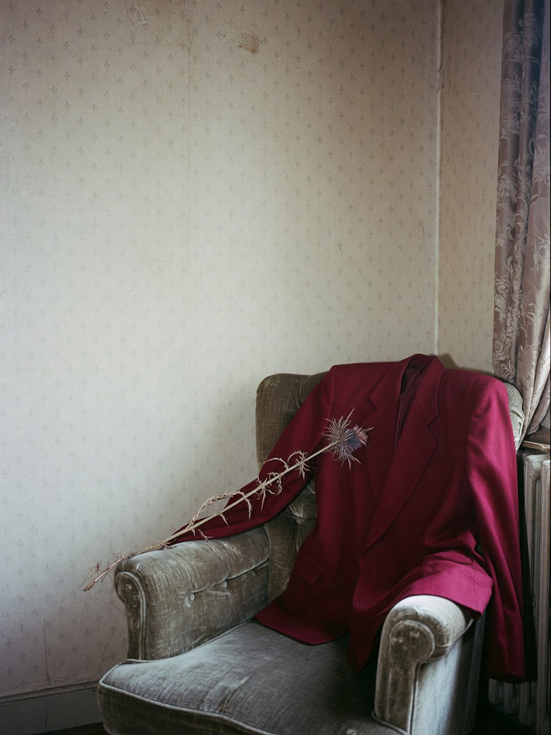 Nature morte éditoriale : un blazer oversize bordeaux posé sur une chaise dans une chambre d'hôtel désuète, lumière de fin de journée.