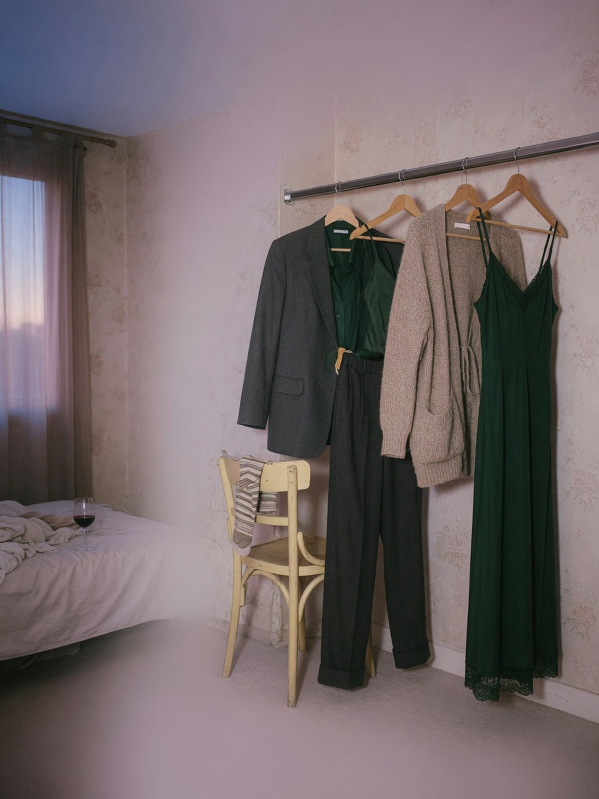 Une penderie où les vêtements sont accrochés par tenues complètes plutôt que par catégorie.