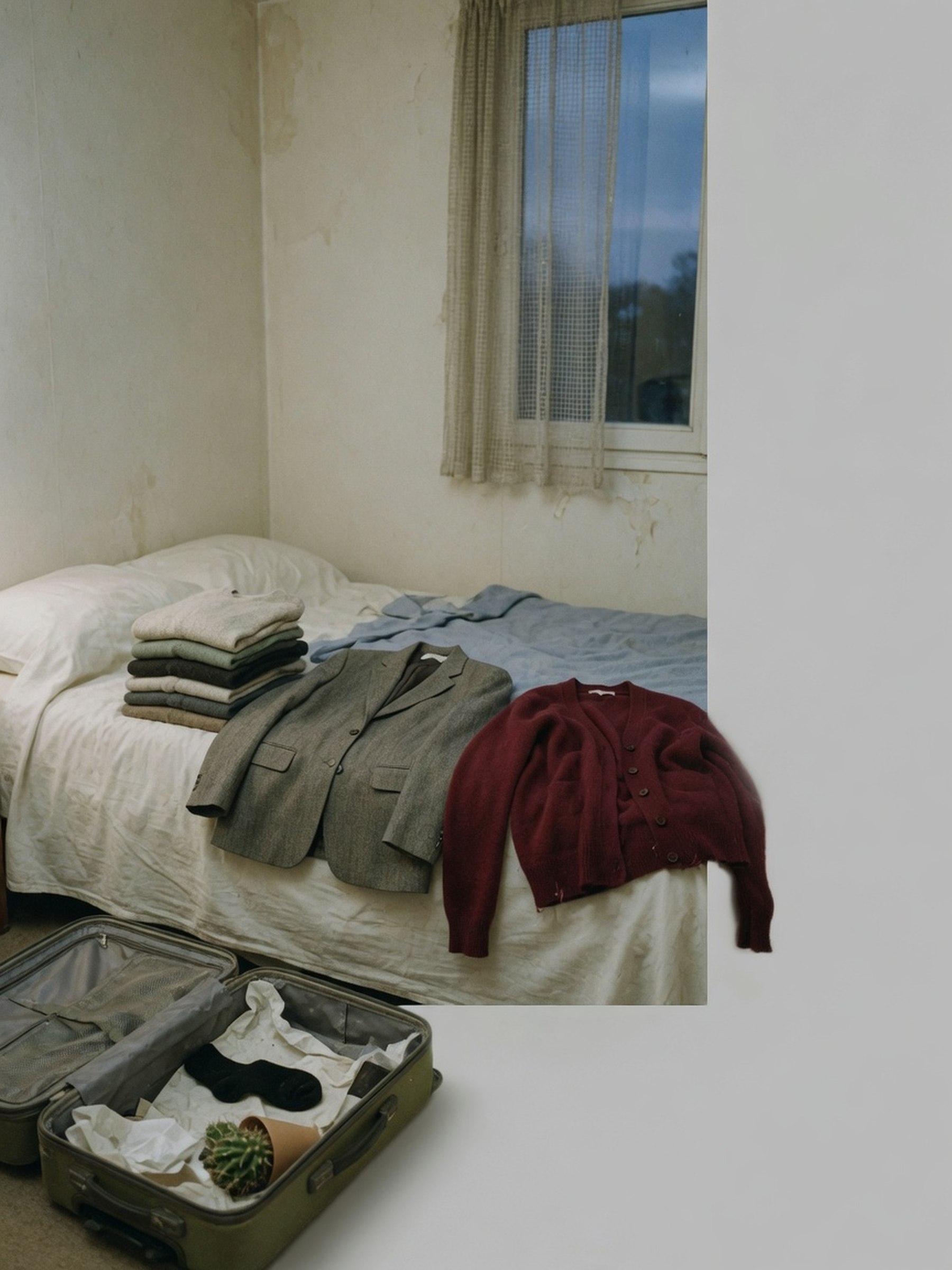 Un blazer gris boxy et un cardigan posés sur un lit défait, à côté d'une pile de vêtements triés, lumière de fin de journée.
