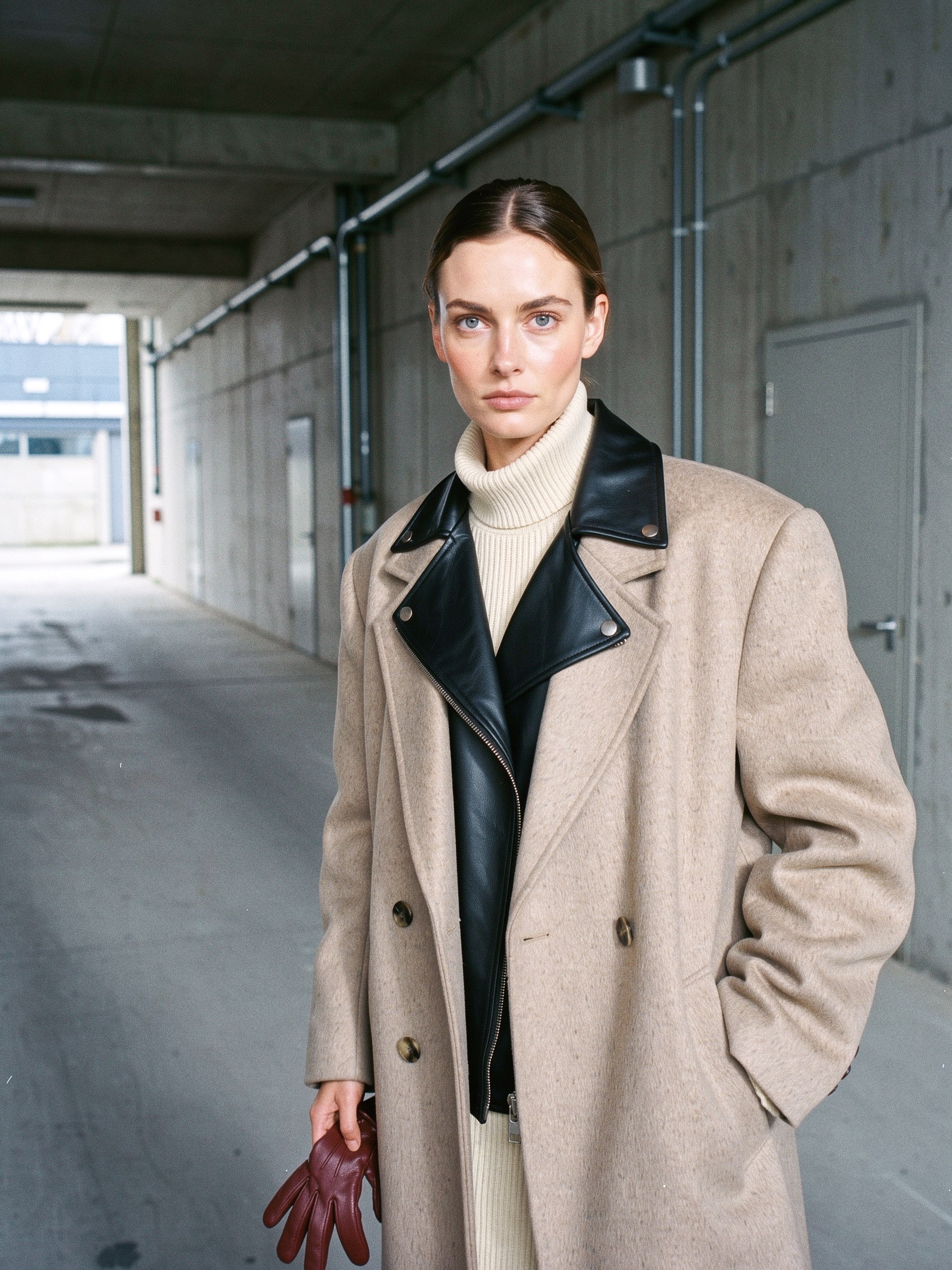 Mannequin en manteau beige oversize, gant en cuir bordeaux tenu à la main, dans un couloir vide en béton, lumière de flash direct.