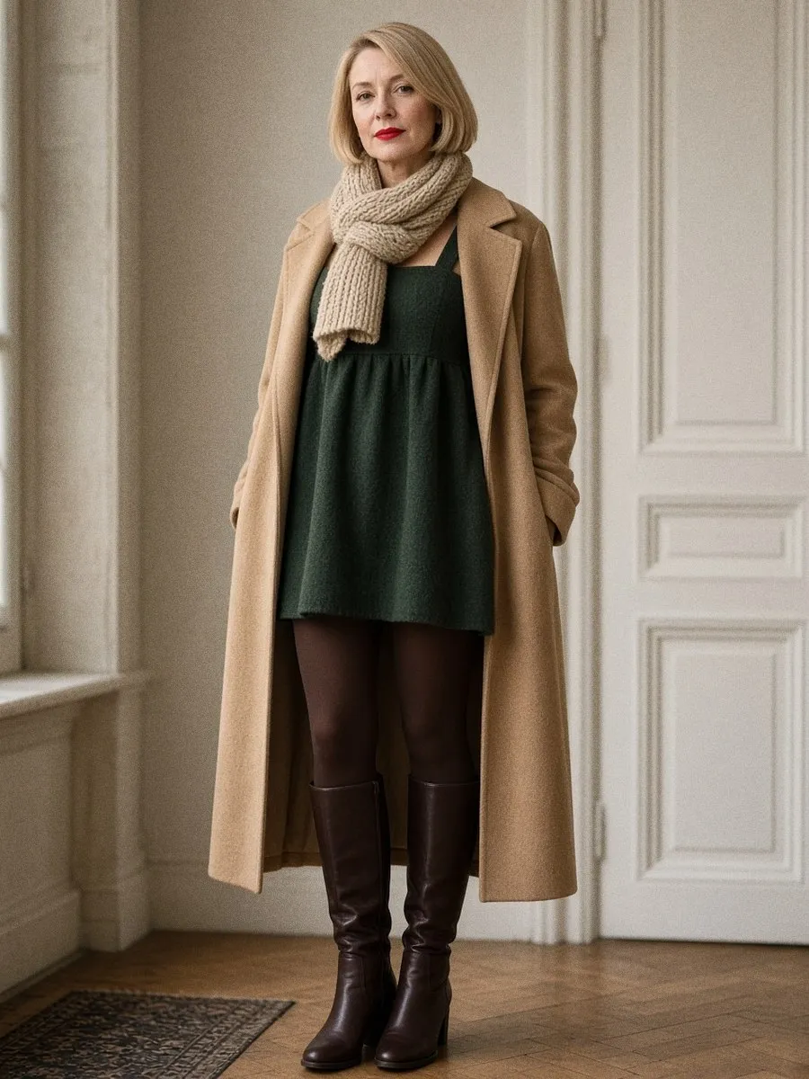 Femme en manteau long camel droit sur une robe babydoll verte, collants et bottes hautes marron