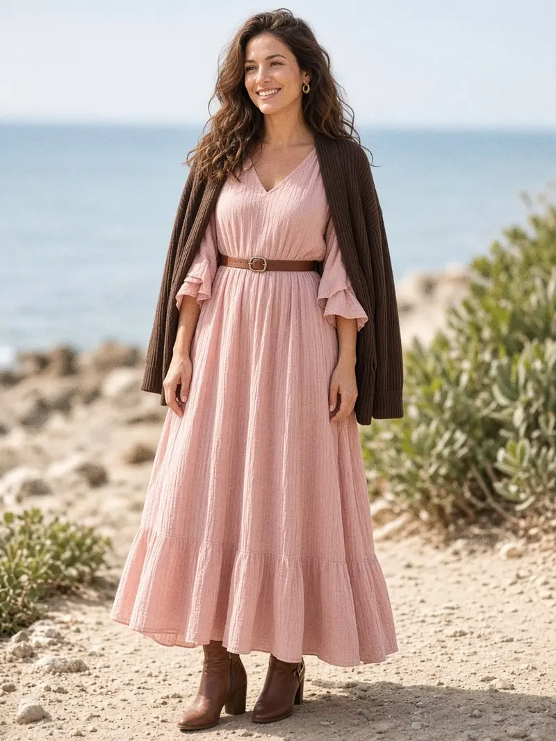Illustration, mannequin fictif : Jeune femme en robe longue fluide en coton gaze rose poudré ceinturée, gilet en maille côtelée chocolat sur les épaules et bottines à talon