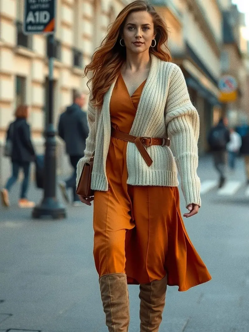Illustration, mannequin fictif : Femme en robe longue terracotta droite, gilet côtelé écru sur les épaules, ceinture de cuir brun et bottes hautes camel.