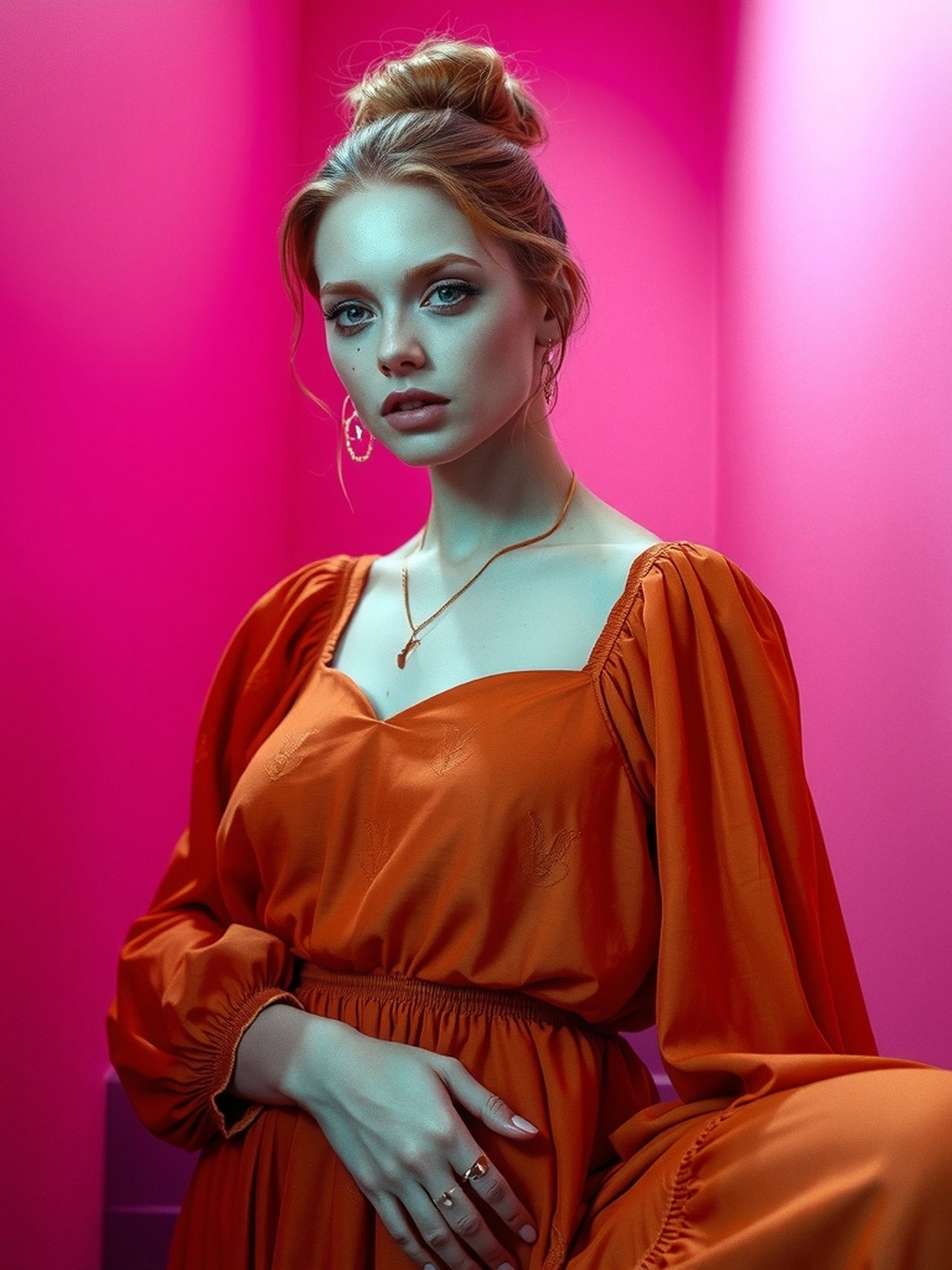 Mannequin de face dans un couloir nu, longue robe terracotta en viscose fluide à manches flottantes, lumière de flash direct