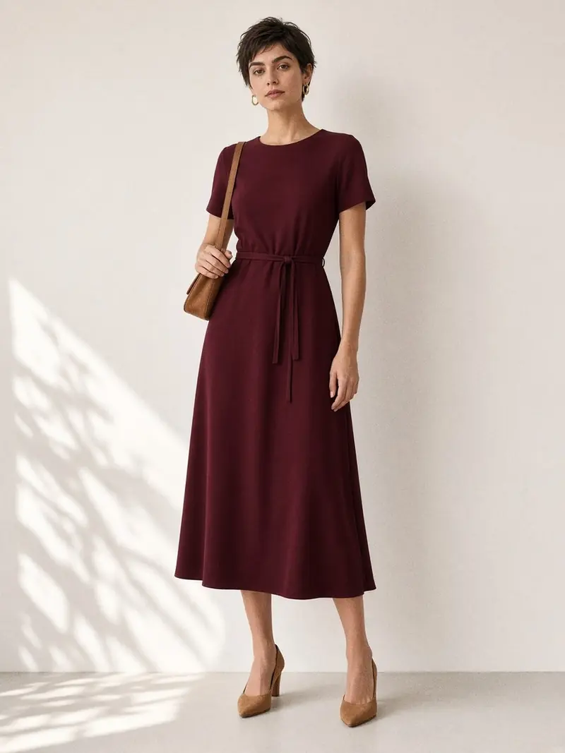 Illustration, mannequin fictif : Femme en robe midi bordeaux ceinturée, escarpins en daim camel et petit sac en cuir camel, boucles d'oreilles dorées.