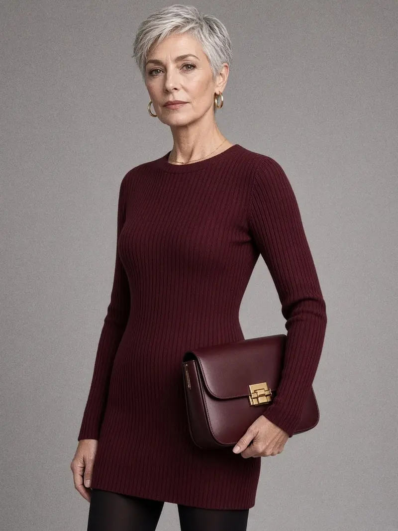 Illustration, mannequin fictif : Détail d'une robe en maille côtelée bordeaux avec boucles d'oreilles dorées, fine chaîne dorée et sac bordeaux à fermoir doré.