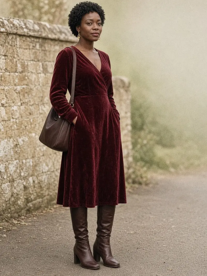 Illustration, mannequin fictif : Femme en robe midi en velours grenat à manches longues, bottes hautes en cuir marron foncé et sac marron, petites boucles d'oreilles dorées.