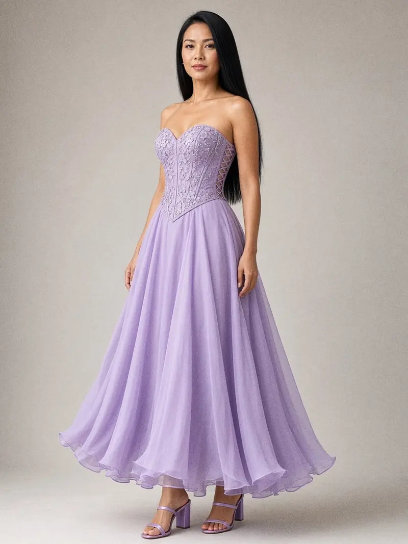 Illustration, mannequin fictif : Mannequin aux formes généreuses en robe de soirée lilas, bustier corset brodé et perlé, jupe fluide en mousseline, épaules dénudées.