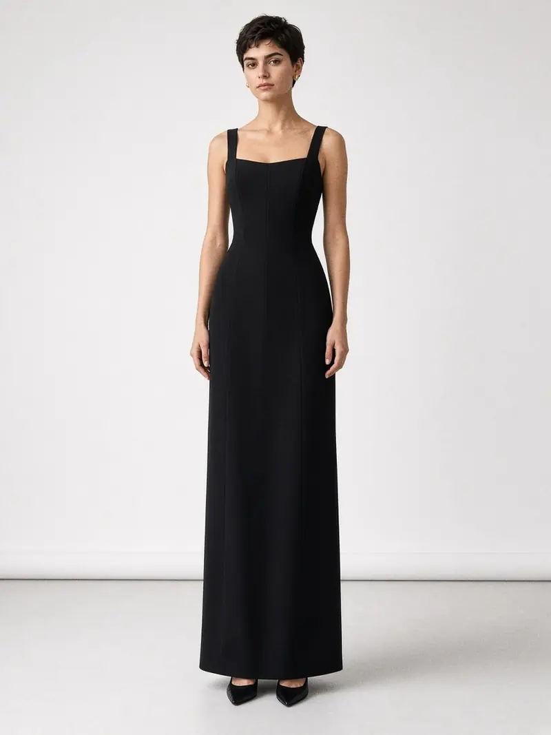 Illustration, mannequin fictif : Mannequin debout en robe de soirée noire longue en crêpe, corsage ajusté et jupe colonne qui tombe droit jusqu'au sol.