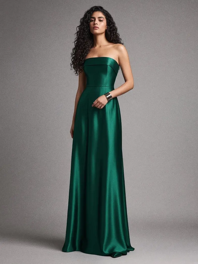 Illustration, mannequin fictif : Mannequin en robe longue colonne en satin duchesse vert émeraude, corsage bustier structuré et jupe rigide qui touche le sol.