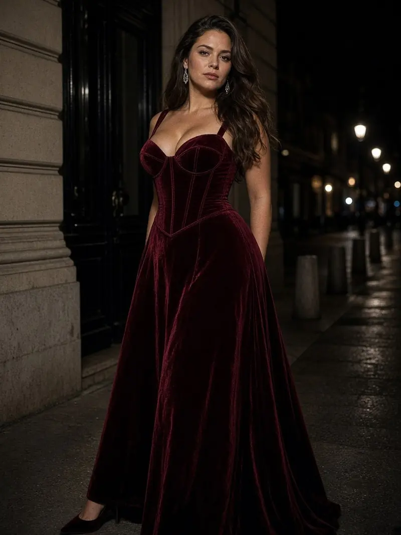 Illustration, mannequin fictif : Mannequin de trois-quarts en robe du soir en velours lie-de-vin, corsage corseté baleiné aux coutures verticales apparentes.