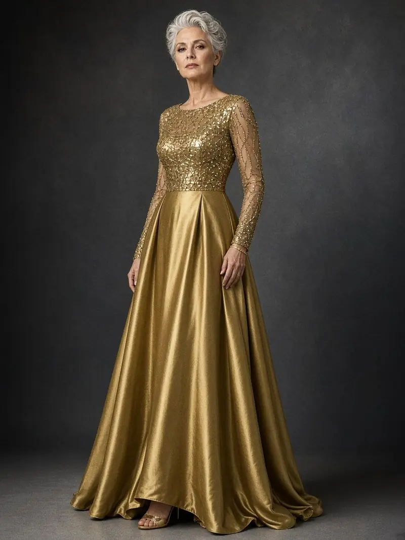 Illustration, mannequin fictif : Mannequin en robe longue dorée, corsage à paillettes et manches perlées, jupe en satin fluide tombant jusqu'au sol.