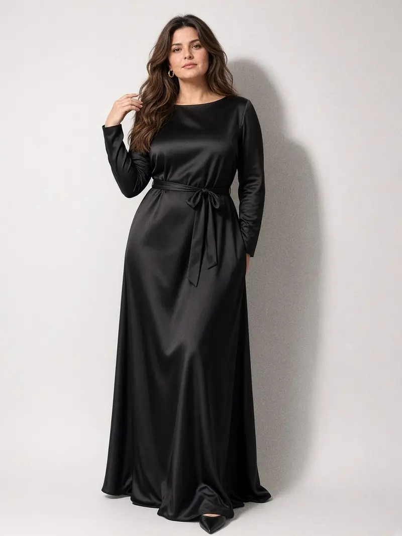 Illustration, mannequin fictif : Femme en robe longue de soirée en satin noir à manches longues, un bras levé à hauteur d'épaule, taille marquée par une fine ceinture