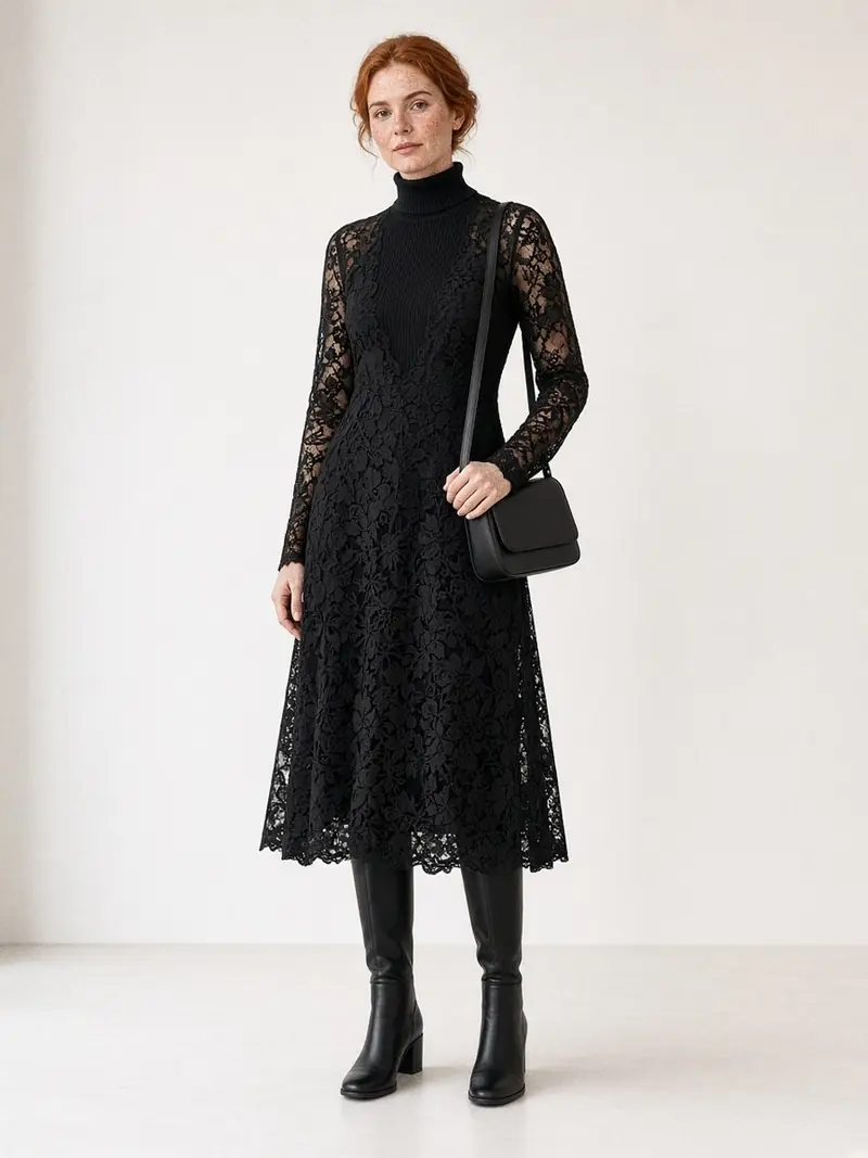 Illustration, mannequin fictif : Femme en robe midi en dentelle noire portée sur un col roulé fin noir, collant opaque et bottes plates noires.