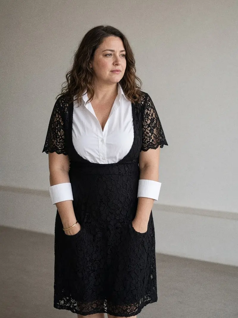 Illustration, mannequin fictif : Détail d'une chemise blanche en popeline portée sous une robe en dentelle noire, col ouvert et poignets visibles sous les manches.