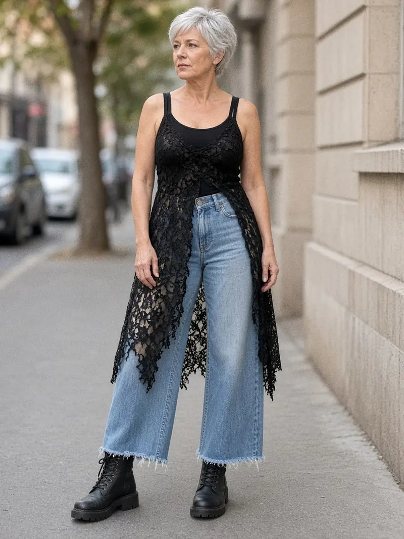 Illustration, mannequin fictif : Femme portant une robe midi en dentelle noire sur un débardeur noir uni et un jean large bleu clair, avec des bottes noires à grosse semelle.