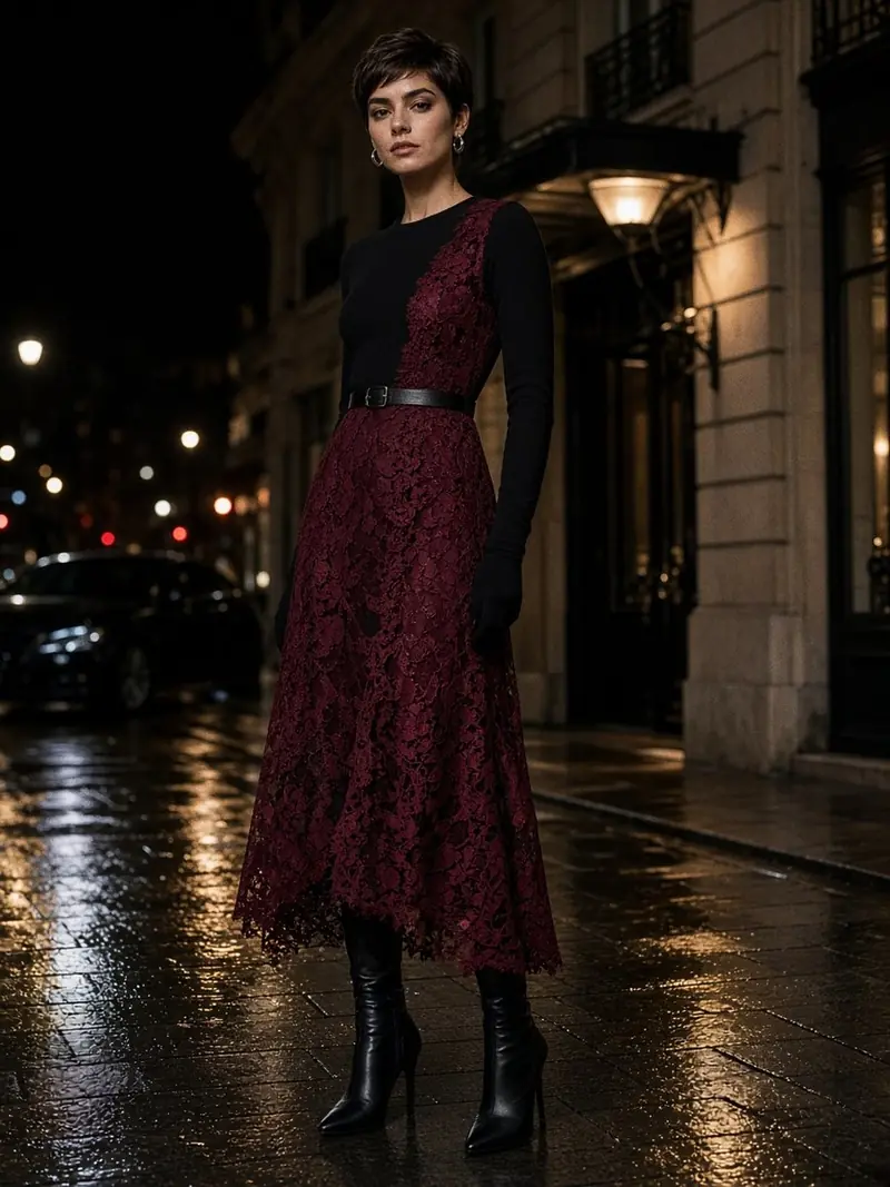 Illustration, mannequin fictif : Femme en robe en dentelle bordeaux sur un haut noir uni, ceinture fine en cuir noir et boucles d'oreilles en métal lisse.