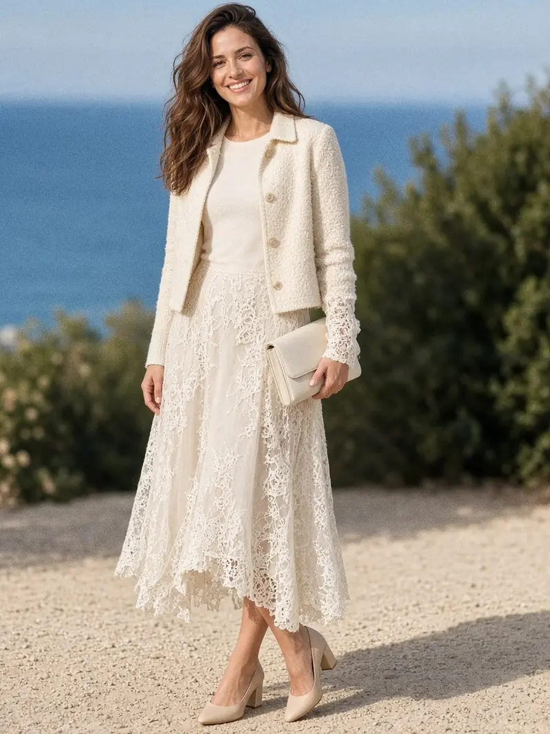 Illustration, mannequin fictif : Femme en robe midi en dentelle écrue portée sur un haut uni blanc cassé, veste courte en laine crème et escarpins beiges.