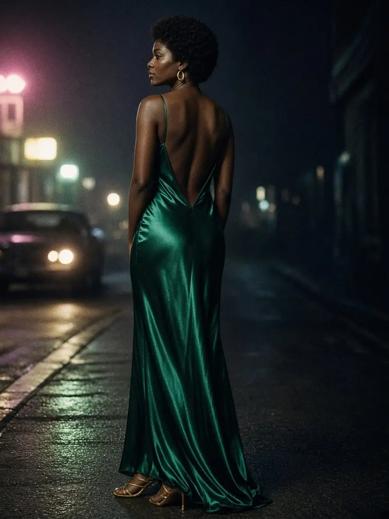 Illustration, mannequin fictif : Femme de dos, la tête de profil, en longue robe en satin vert émeraude à fines bretelles, dos ouvert jusqu'à la taille.