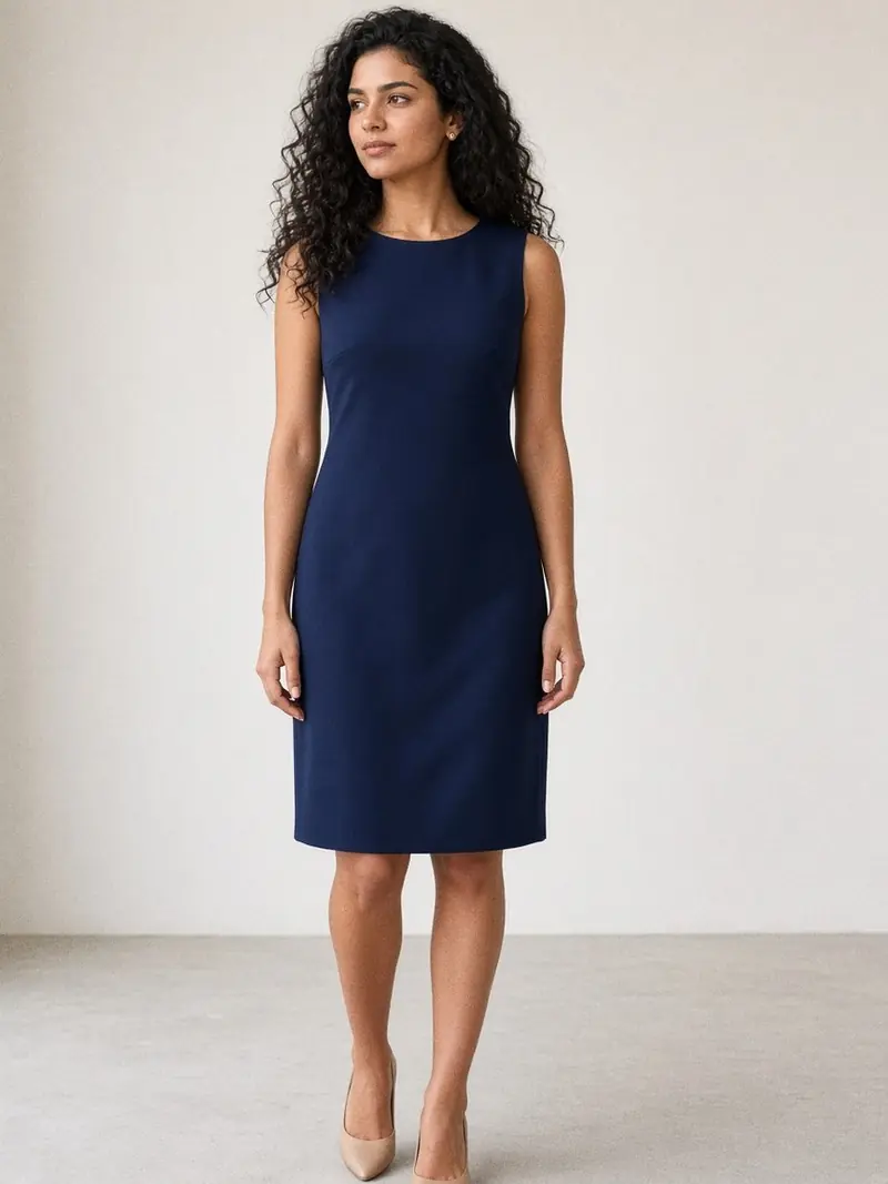Illustration, mannequin fictif : Femme en robe droite bleu marine sans manches au-dessus du genou, encolure ronde, pinces horizontales visibles sur le buste, escarpins nude.