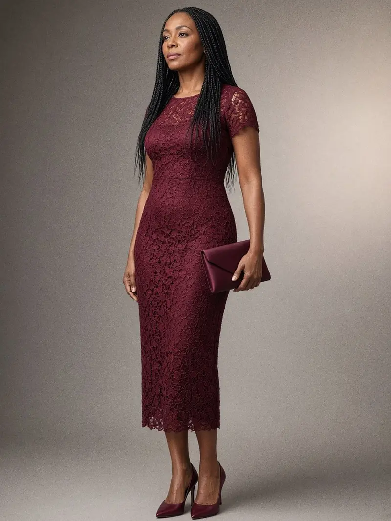 Illustration, mannequin fictif : Femme en robe droite en dentelle bordeaux mi-mollet à manches courtes doublée ton sur ton, escarpins en satin et pochette assortie.