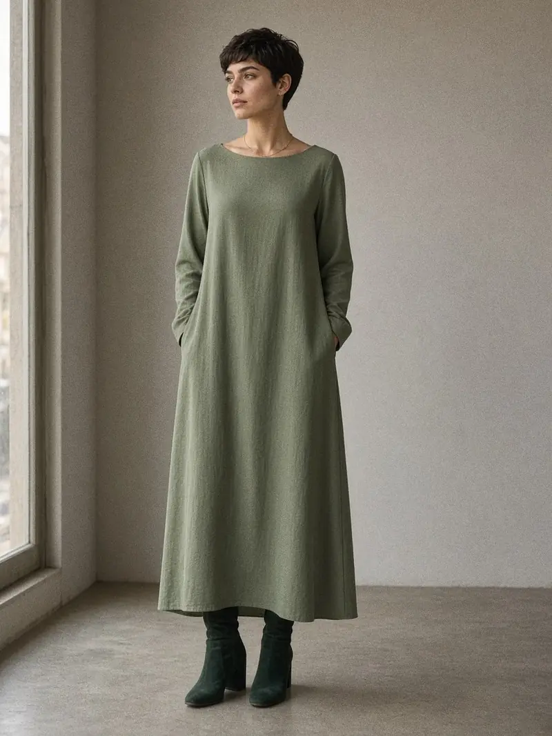 Illustration, mannequin fictif : Femme en robe droite longue en crêpe vert sauge à manches longues et encolure bateau, bottines en daim vert foncé.