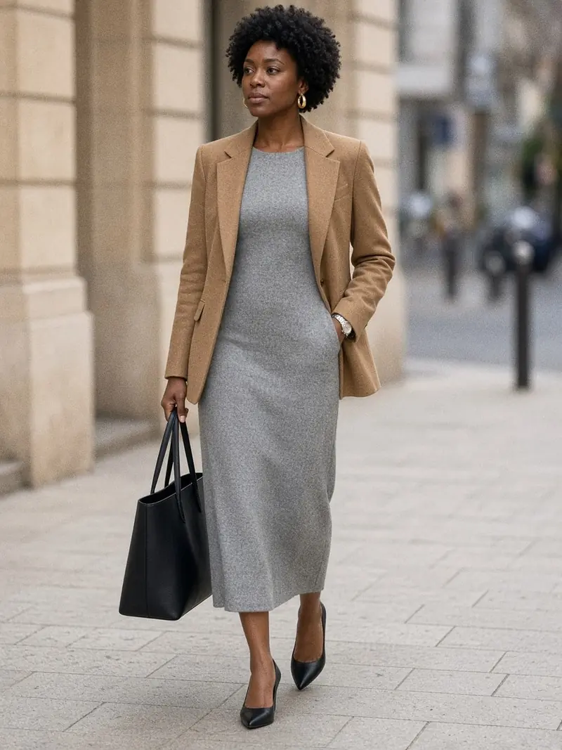 Illustration, mannequin fictif : Femme en robe droite grise mi-mollet sous une veste de tailleur courte camel, escarpins noirs et grand sac porté main.