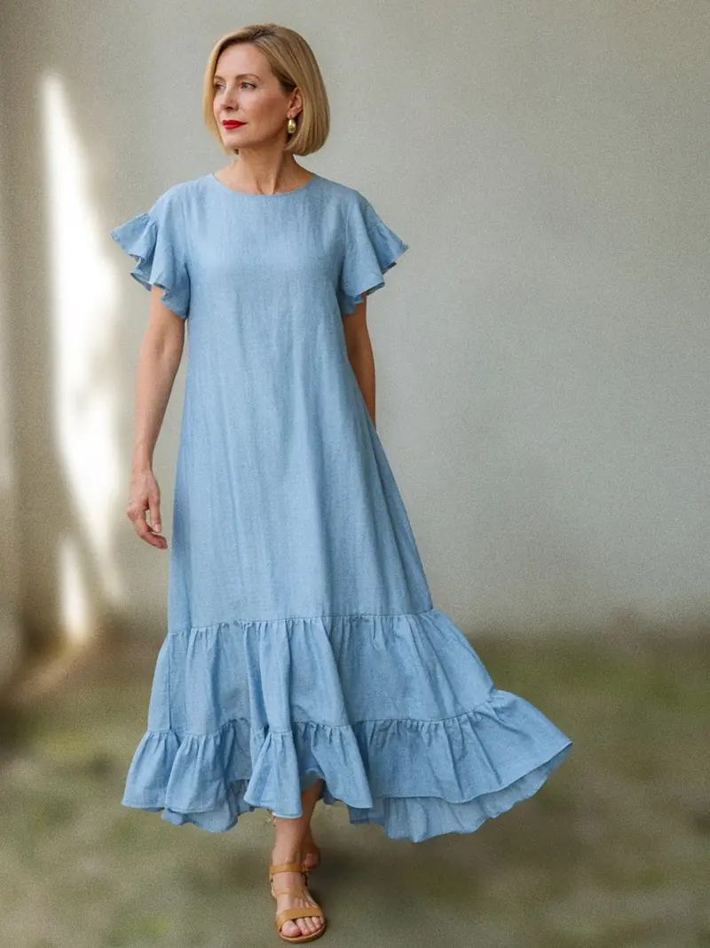 Illustration, mannequin fictif : Femme en robe longue évasée en chambray bleu clair à volants, en mouvement, la jupe qui ondule.