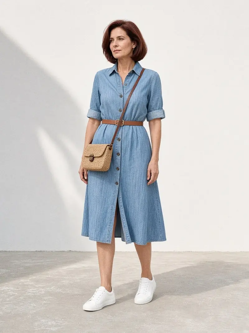 Illustration, mannequin fictif : Femme debout en robe chemise en jean bleu moyen délavé, ceinturée de cuir fauve, avec des baskets blanches.