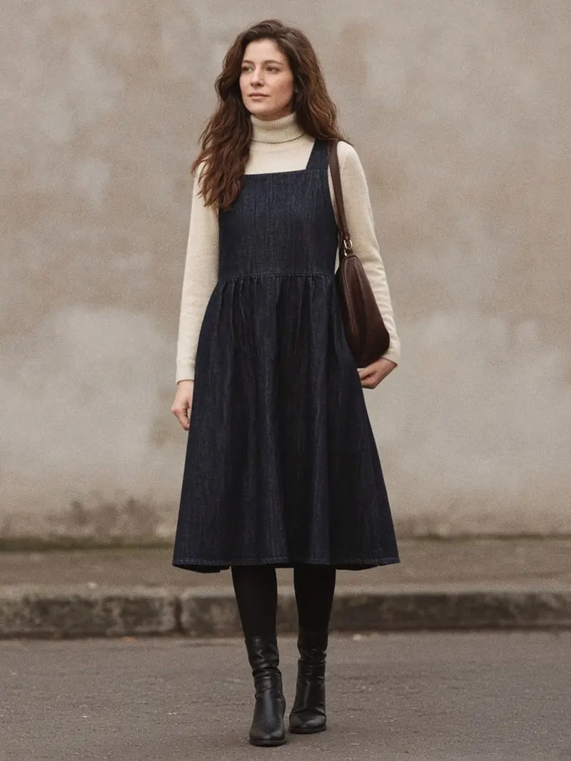 Illustration, mannequin fictif : Femme en robe chasuble midi en denim brut foncé sur un pull à col roulé écru, collants noirs et bottes en cuir.