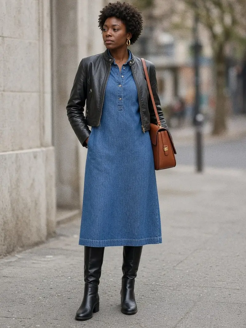 Illustration, mannequin fictif : Femme marchant en robe droite midi en jean bleu moyen, veste en cuir noir courte et bottes cavalières.