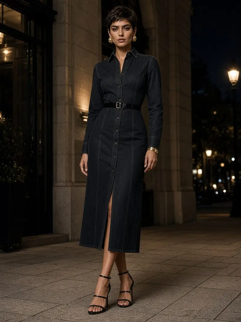 Illustration, mannequin fictif : Femme debout en robe midi ajustée en denim presque noir, ceinture fine vernie, pochette noire, sandales à talon et bijoux dorés.
